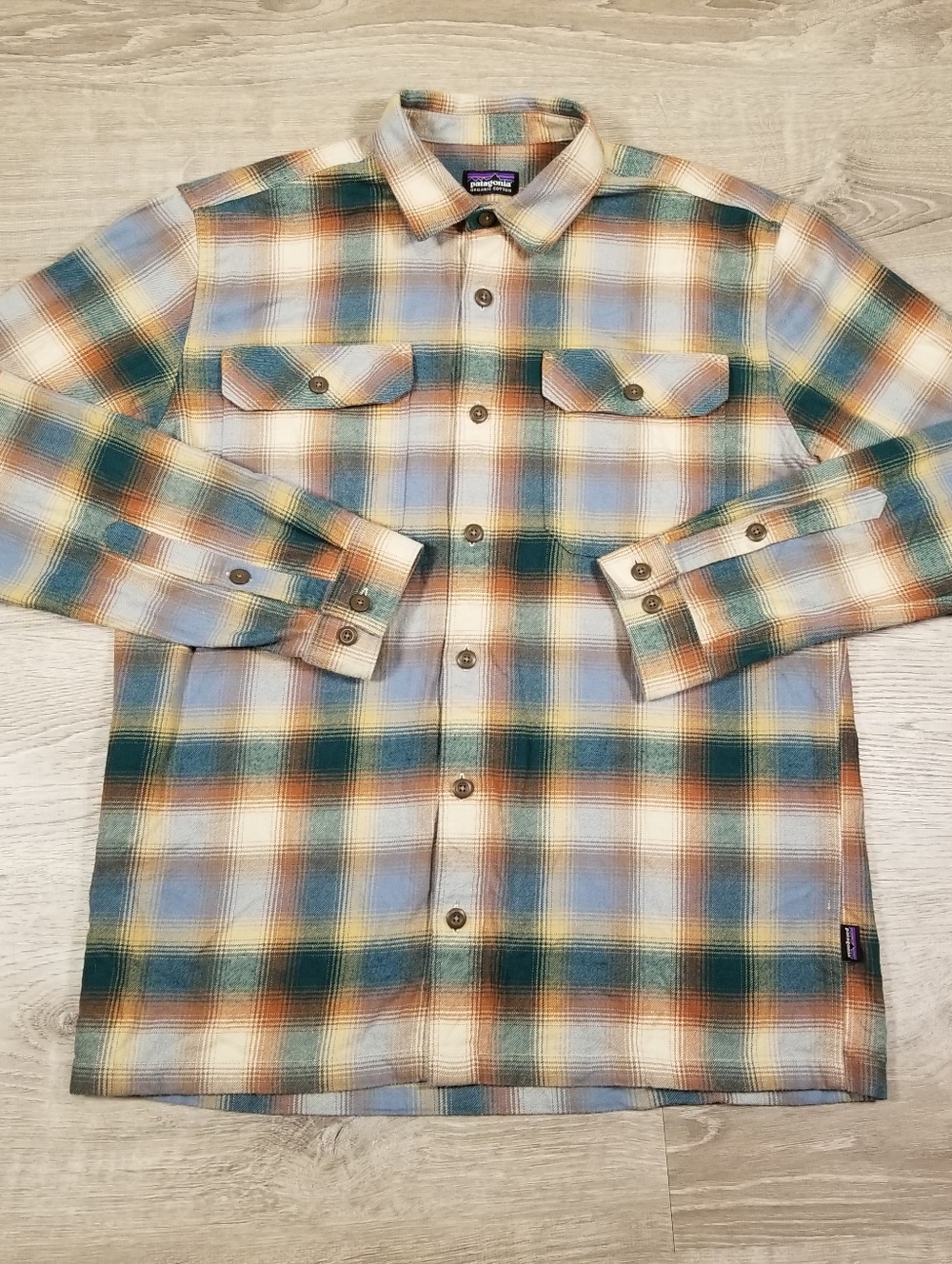 Patagonia Fjord Plaid Flannel Shirt Mens Medium Green Orange Yellow Blue